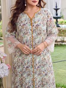 Al Najma Plus Size Women's Arabian Dress Loose Fit 3/4 Sleeve With Chiffon Patchwork Cuff, Suitable For Summer Daily Wear - Yellow - View 7