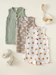 SHEIN 3pcs Newborn Baby Boy Unisex Baby Clothes Cute Summer Playful Print Pattern Sleeveless Rompers Multi-Color Basic Bodysuit Set - Multicolor - View 10