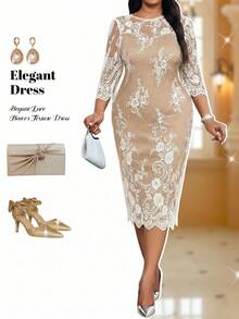 Fleurora Vestido de verano elegante de encaje con cuello redondo y manga 3/4 para tallas grandes - Blanco - Ver 3