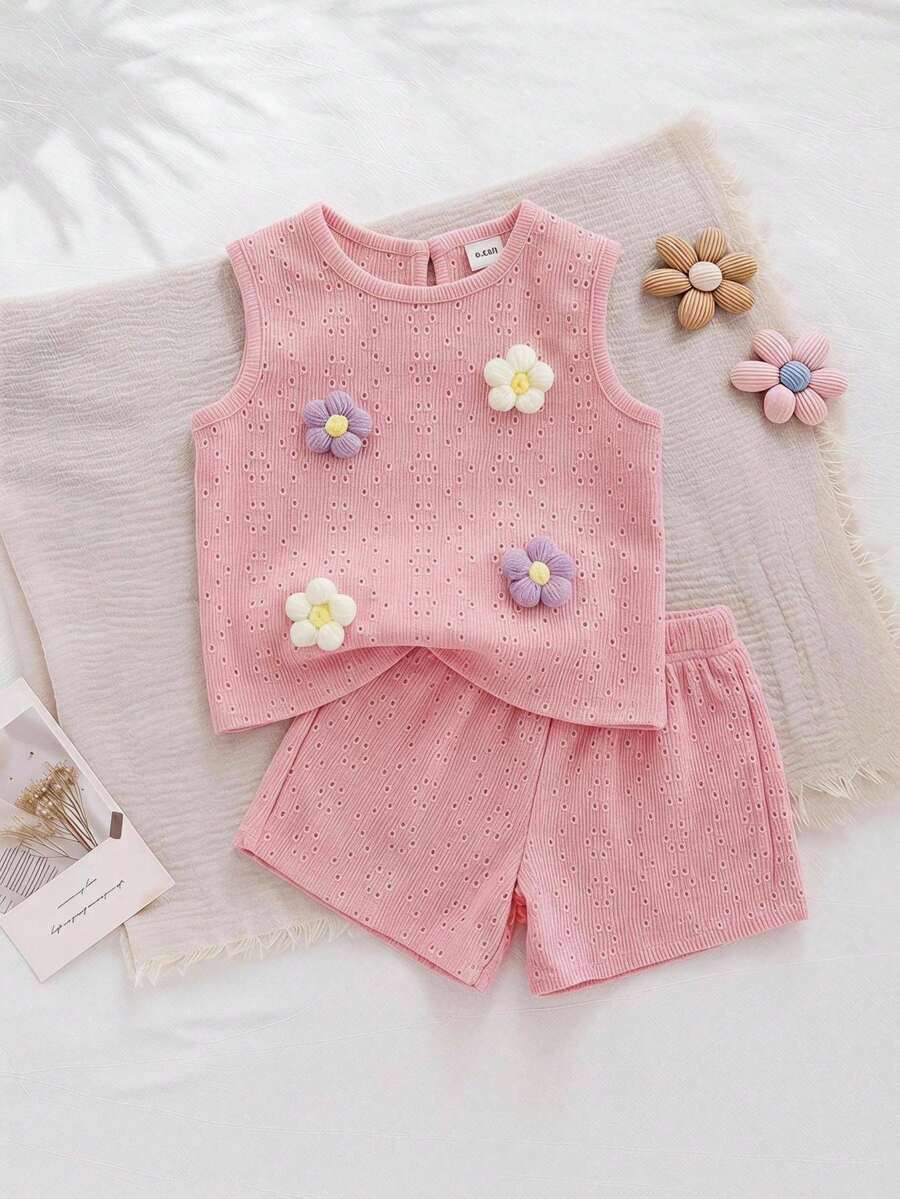 SHEIN Vintaside Kids 女嬰夏季紅色草莓拼接套裝,圓領無袖上衣配同款短褲,甜美風格,輕盈貼身,適合戶外玩耍、居家舒適、朋友聚會 - 粉色 - 查看 1