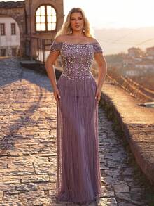 Aureia Elegantes, luxuriöses Meerjungfrauenkleid in Große Größen, lila, mit offenen Schultern, Perlen, Pailletten, Bubble-Perlen, Stickerei und Quasten, sexy hängende Ärmel, für Hochzeit und Abendessen - Mauve - Übersicht 8