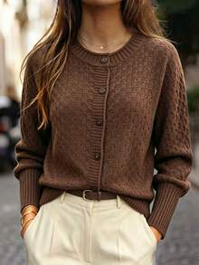 Trelyra Women's Solid Color Single-Breasted Casual Versatile Daily Wear Cardigan - Coffee Brown - View 4