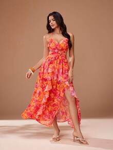Glamance Floral Print Deep V-Neck Ruffle Hem High Slit Hollow Out Long Dress, Elegant Mature Casual Daily Party Wedding Guest Bridesmaid Birthday Vacation - Burnt Orange - View 4
