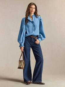 BizChic Fall Light Blue Shirt, Ruffle Collar, Front Pleats, Back To School, Church, Office, Special Occasions, Elegant French Style, Halloween, Birthday - Blue - View 2