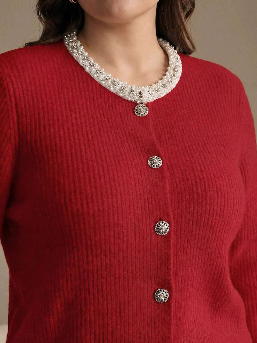 MOTF PREMIUM WOMEN'S PLUS SIZE RHINESTONE EMBELLISHED LONG SLEEVE KNIT CARDIGAN, AUTUMN/WINTER - Red - View 2