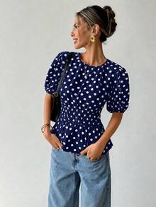 Ritzy Row 女款春夏時尚舒適休閒復古通勤圓領波點印花優雅收腰花瓣袖襯衫 茶會風 - 藍色 - 查看 5