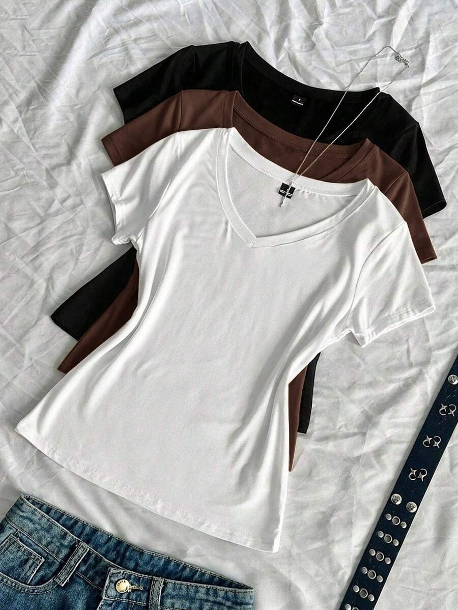 SHEIN EZwear 3件組女款夏季V領修身T恤,龐克次文化動漫素色基本款V領短袖修身T恤 - 彩色 - 查看 1