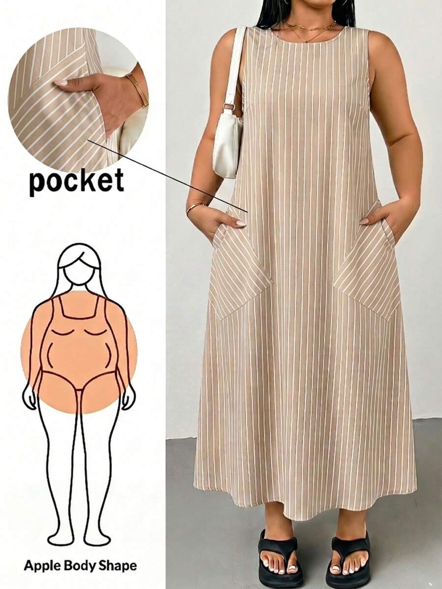 Shapeblank Đầm tank dáng dài mùa hè casual đi du lịch cho nữ size lớn, màu kaki kẻ sọc, dáng rộng sát nách có túi, thoải mái, đa năng, dễ phối đồ hàng ngày - Nhiều màu - Xem 1