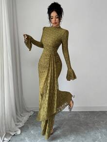 Modelyn French Design Lace Semi-High Neck Ribbon Cinched Waist Ruched Women's Dress - Olive Green - View 7