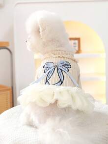 PETSIN 1件貓狗通用寵物服飾，刺繡蝴蝶結裝飾寵物裙 - 米色 - 查看 5