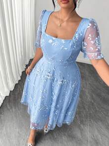 Elenzga Women's Spring/Summer Elegant Square Neck Petal Sleeve Mesh Embroidery Plus Size Dress - Blue - View 6