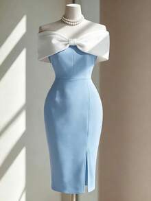 Fine & Folde Women's Colorblock Off-Shoulder Fitted Elegant Romantic Short Dress Wedding Party Mother Of The Bride Light Blue And White Summer - Blue - View 1