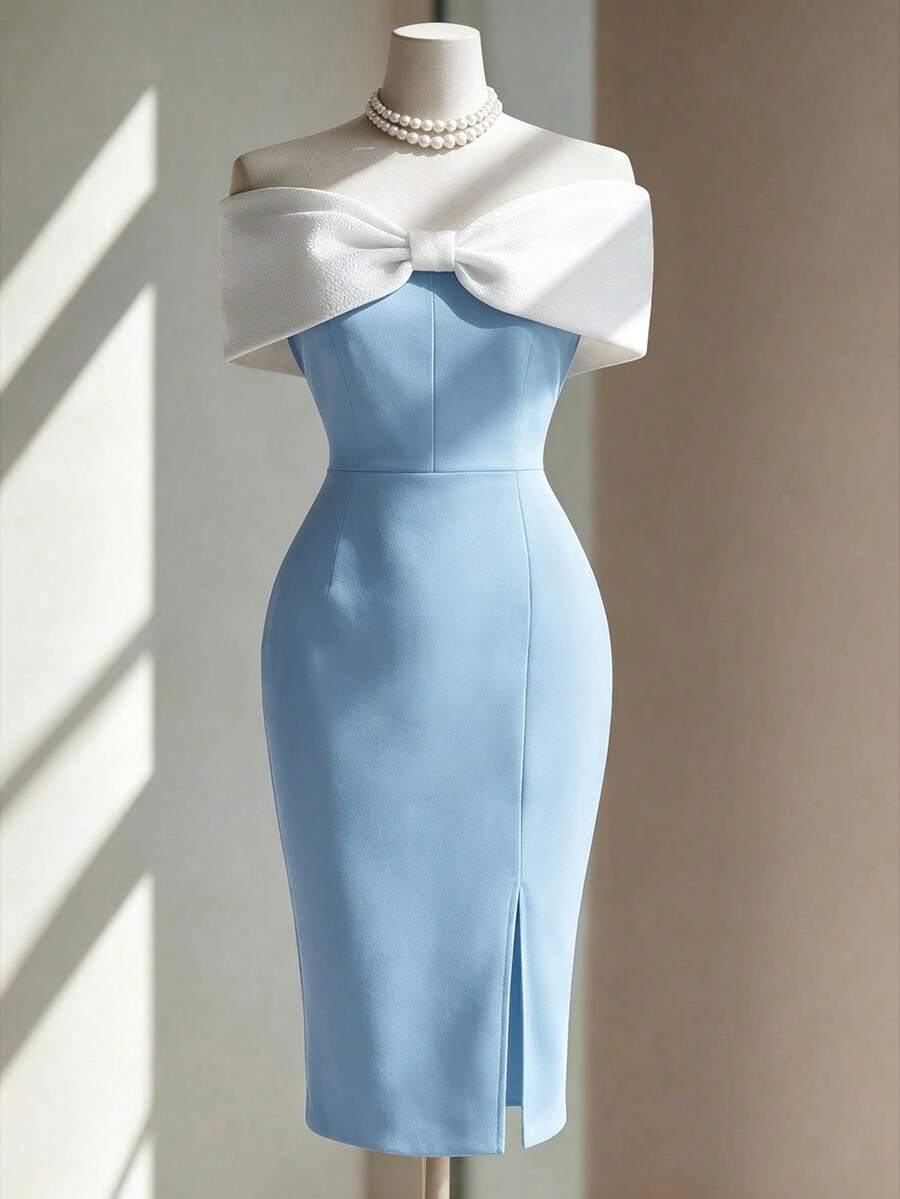Fine & Folde Women's Colorblock Off-Shoulder Fitted Elegant Romantic Short Dress Wedding Party Mother Of The Bride Light Blue And White Summer - Blue - View 1