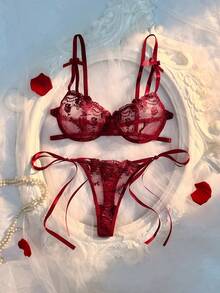 Crystal Vow Romantic Embroidered Bridal Lingerie Set 2pcs - Burgundy - View 1
