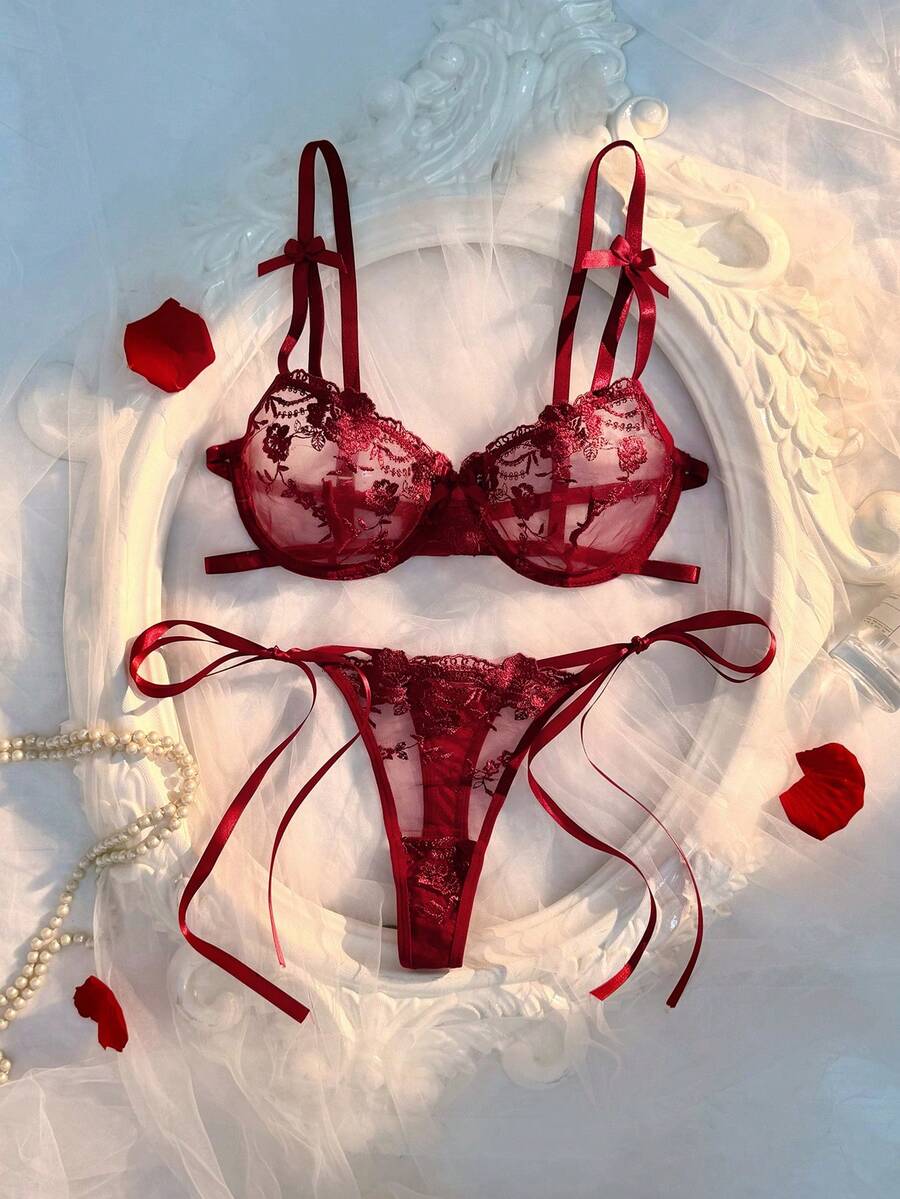Crystal Vow Romantic Embroidered Bridal Lingerie Set 2pcs - Burgundy - View 1
