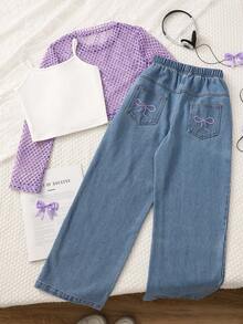 SHEIN Tween Girls Taro Color Mesh Top + Camisole + Bow Embroidery Jeans Set, Fall Outfits, Fall Tops, Fall, T-Shirt, Sweatpants - Purple - View 4