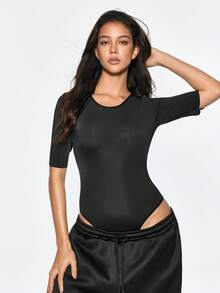SHAPORA 1件純色修身顯瘦性感女款圓領中袖連身衣，棉質底褲 - 黑色 - 查看 7