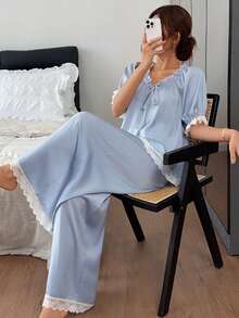 DAZY Women's Contrast Lace Front Tie Top And Pants Pajama Set - Blue - View 1