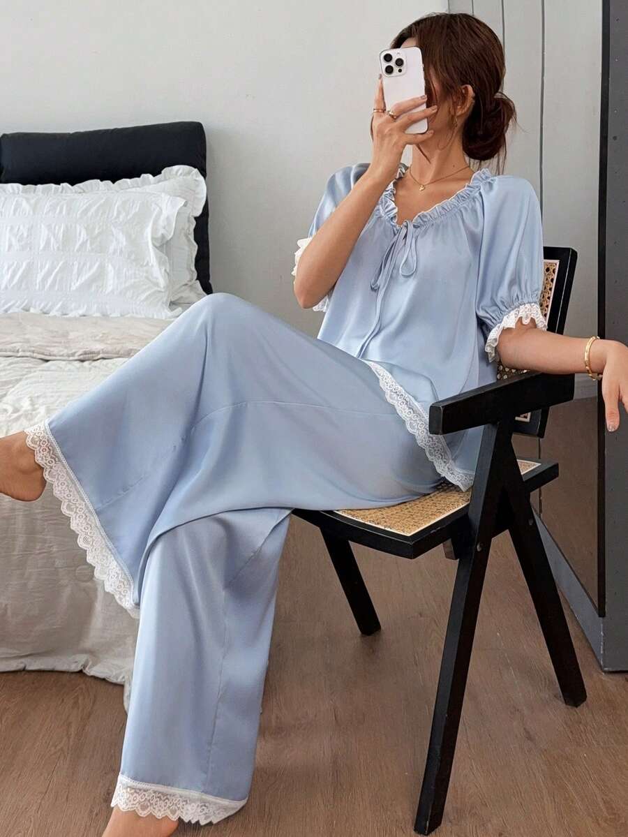 DAZY Women's Contrast Lace Front Tie Top And Pants Pajama Set - Blue - View 1