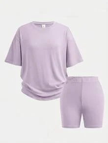 Girlism 青少年女孩 T-Shirt 套裝 2件/組 春夏新款 純色套裝 2件短袖 + 2件百慕達短褲套裝，4件裝，休閒時尚街頭風 寬鬆 T-Shirt + 緊身單車短褲套裝 - 彩色 - 查看 8