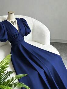 Elenzga Elegant Solid Color Petal Sleeve V-Neck Dress - Navy Blue - View 4