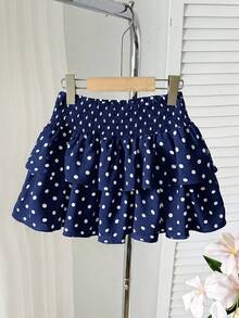 SHEIN Tween女孩腰部抓褶黑白條紋迷你裙，內建內搭褲防走光，適合休閒度假、校園與街頭穿搭 - 藍色 - 查看 4