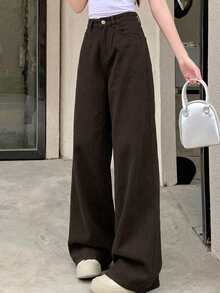 Livesso Women's Pocket Button Casual Versatile Daily Wear Wide Leg Jeans - Brown - View 7