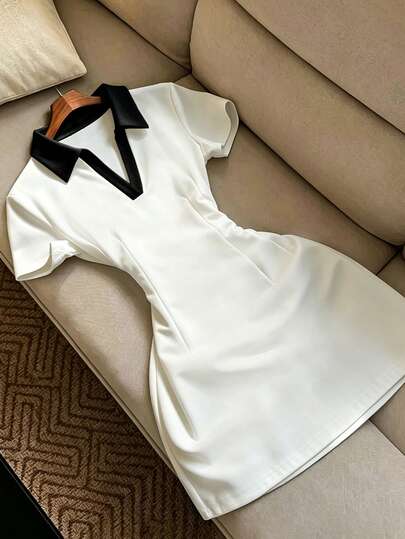 SHEIN Franclia Gaun A-Line Wanita Musim Panas Kerah Polo Lengan Pendek yang Menekan Pinggang, Desain Sederhana yang Melangsingkan, Cocok untuk Perjalanan Sehari-hari, Jalan-jalan, dan Piknik