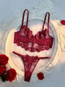 Crystal Vow Red Eye-Catching Embroidered Longline Bra & Thong Set, Full Cup Sexy Lingerie Set 2pcs - Red - View 2