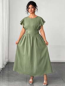 Elenzga Plus Size Elegant Romantic Elegant Round Neck Ruffle Sleeve Side Ruched Fitted Dress - Green - View 3