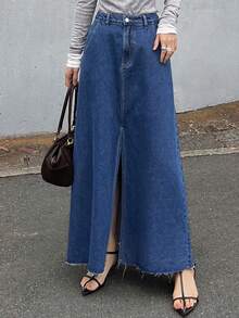FRIFUL Women's Casual Washed Long Denim Skirt Fall - Blue - View 4