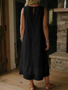 Linhara CURVE Damenkleid in großen Größen, ärmellos, aus reiner Baumwolle, mit doppellagigem Saum und Taschen, lässig für den Alltag - Schwarz - Übersicht 2
