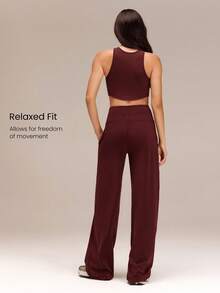 GLOWMODE 32'' Tall SoftCalm Modal Glow Soft Silky-Soft Smooth Breathable Relaxed Fit High-Rise Waist Side Pockets Tall Wide Leg Lounge Pants Daily Casual Wear - Burgundy - View 2