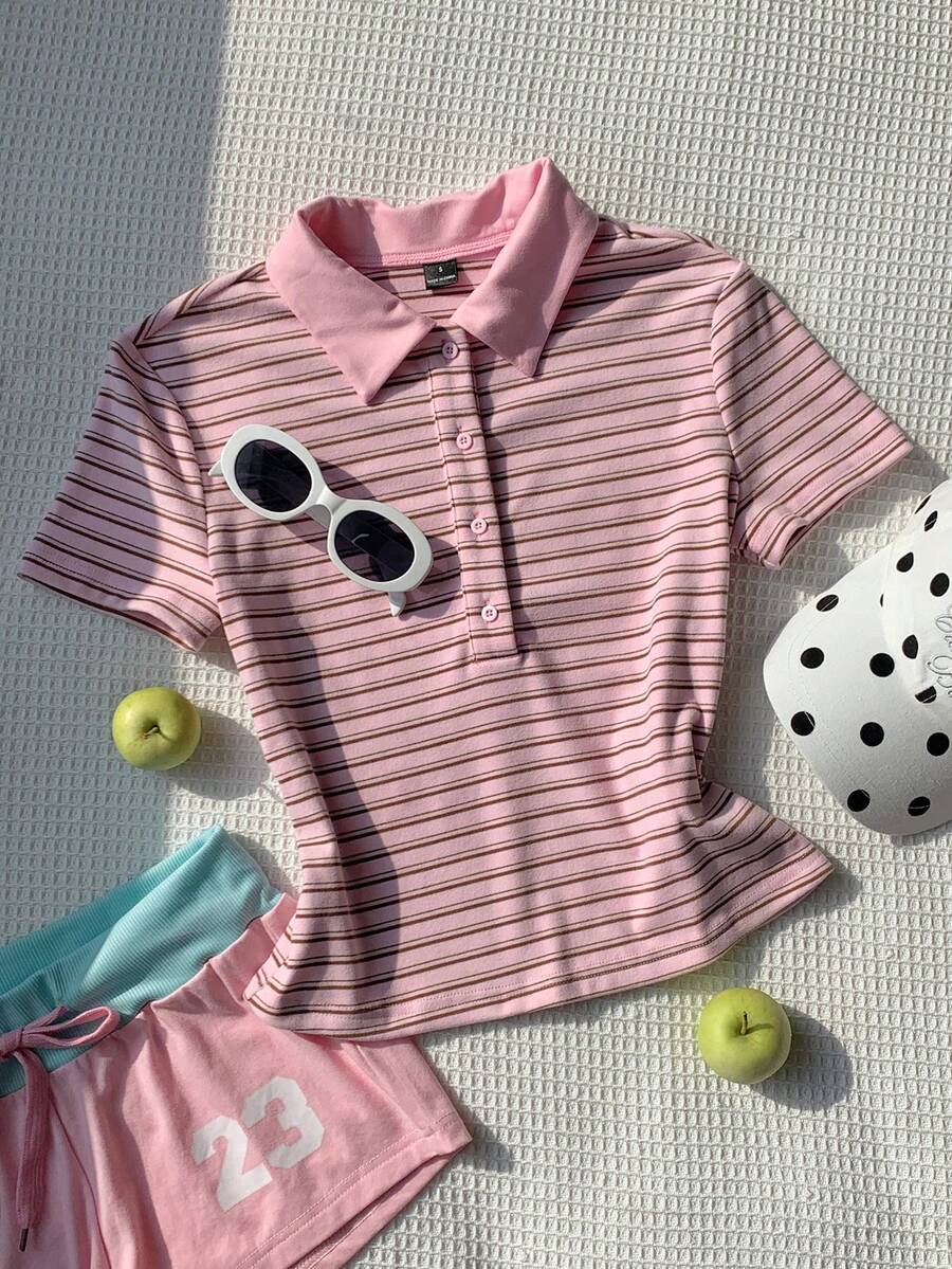 Comfortcana Women's Striped Casual Versatile Everyday Short Sleeve T-Shirt - Pink - View 1
