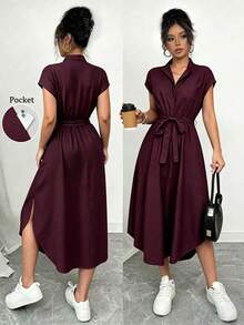 SHEIN Raffinéa Women's Solid Color Waist Knot Casual Party Dress - Burgundy - View 1