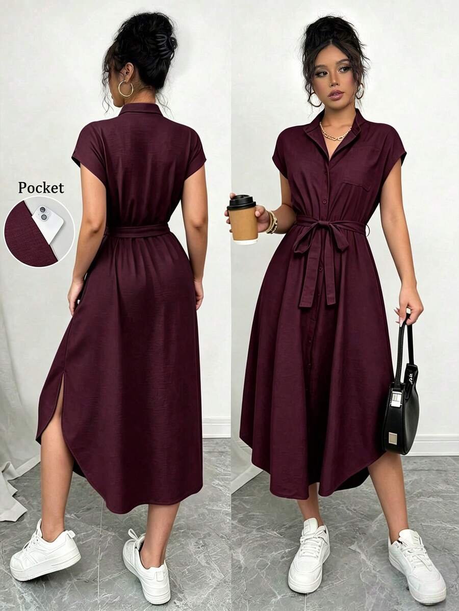 SHEIN Raffinéa Women's Solid Color Waist Knot Casual Party Dress - Burgundy - View 1