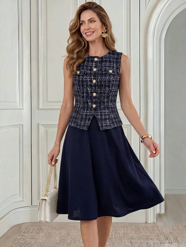 Medorina Women's Plaid Single-Breasted Vest And Skirt Elegant 2 Pieces Set
