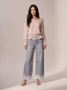 Willow Rêve Women's Casual Versatile Everyday Travel Jeans With Pocket And Lace Patchwork - Baby Blue - View 2