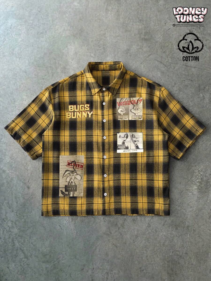 LOONEY TUNES X SHEIN PAVTROS 男士休闲时尚街头图案字母印花短袖衬衫,适合日常通勤和上学,夏季穿着 - 彩色 - 查看 1