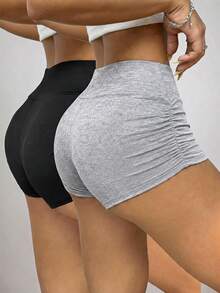 SHEIN EZwear 2件組女款休閒極簡純色百褶單車短褲，適合夏季單車、瑜伽運動、秋季短褲，適用日常通勤、聚會、秋冬春夏、聖誕節、新年、感恩節、派對、婚禮、海灘、畢業典禮、優雅、外出、約會、通勤、情人節、優雅、度假、Y2K - 彩色 - 查看 2