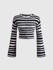 ROMWE Grunge Punk Women's Autumn/Winter Striped Short Cardigan With Flared Sleeves - Black - View 1