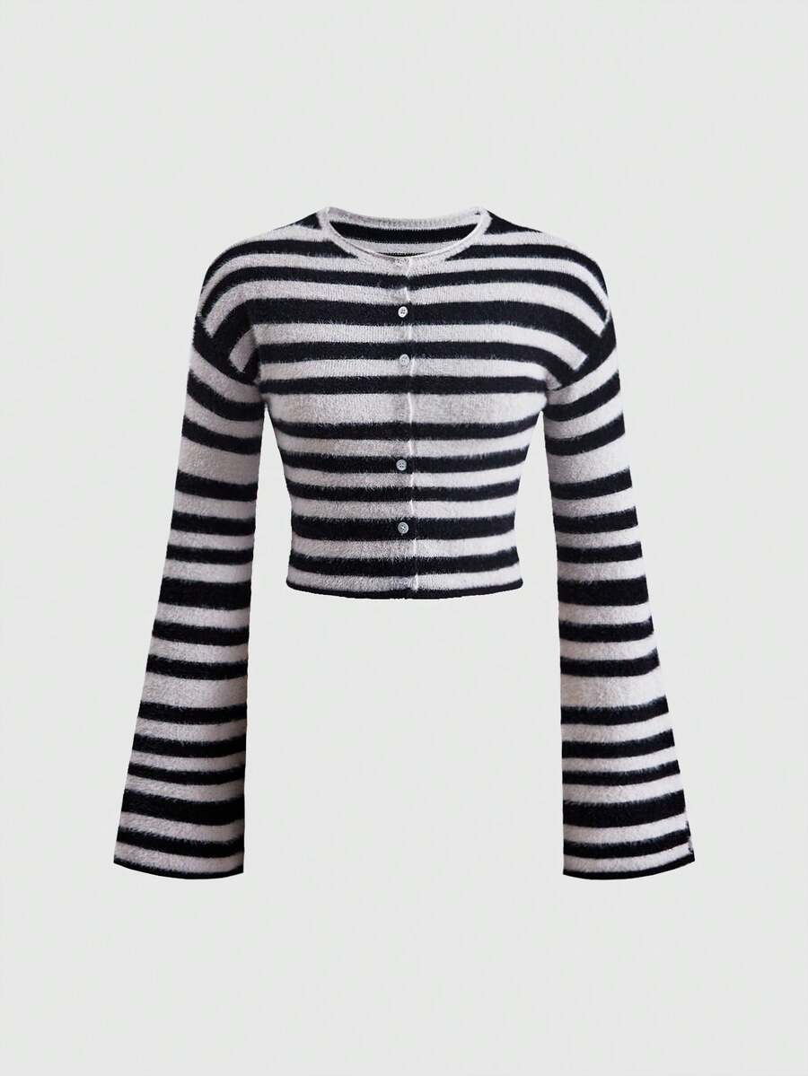 ROMWE Grunge Punk Women's Autumn/Winter Striped Short Cardigan With Flared Sleeves - Black - View 1