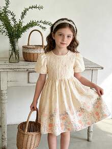 SHEIN Elladie kids 女童圓領短袖百褶滿版印花優雅花童夏季婚禮禮服 - 白色 - 查看 5
