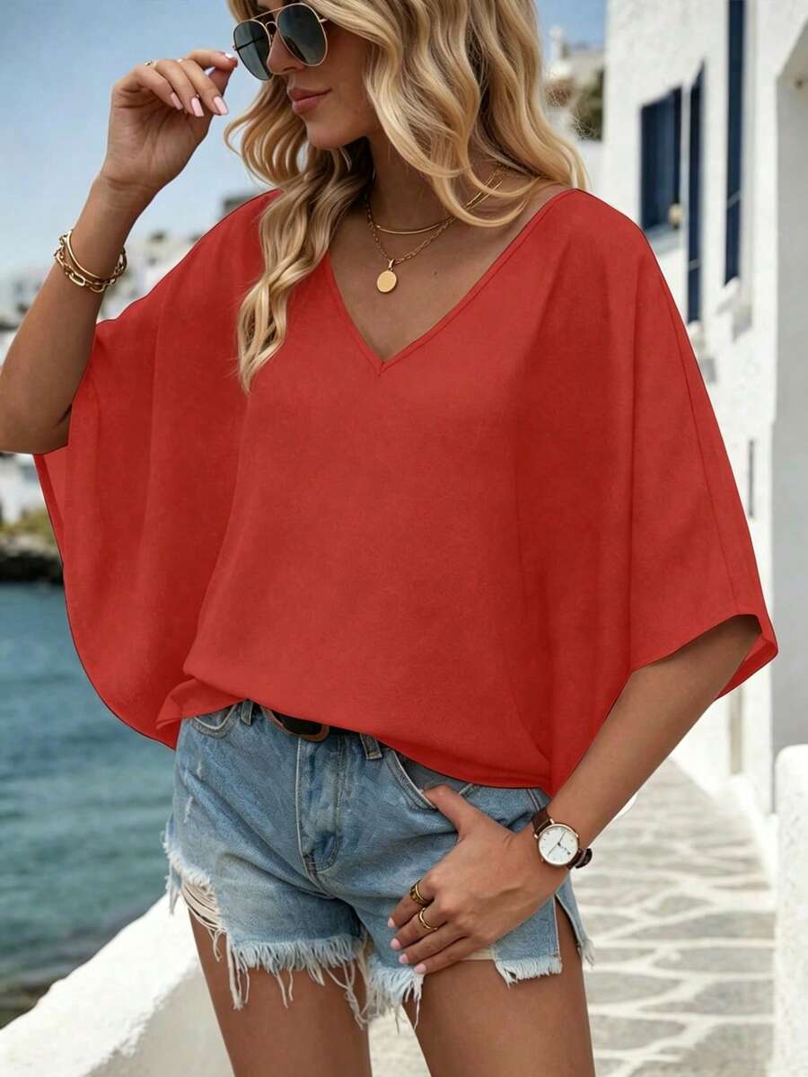 EMERY ROSE Solid Color V-Neck Loose Casual Holiday Short Sleeve Shirt Vacation Rust Summer - Red - View 1