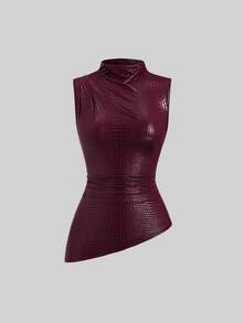 Sweetra Damen-Bluse in Burgunderrot mit hohem Kragen, plissiert, figurbetonend und asymmetrischem Saum, Tanktop-Stil - Bordeaux - Übersicht 3