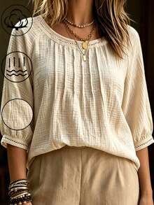 SHEIN LUNE CURVE Plus Size Women's Casual Comfortable Round Neck 3/4 Sleeve Shirt, Summer Fall - Apricot - View 9