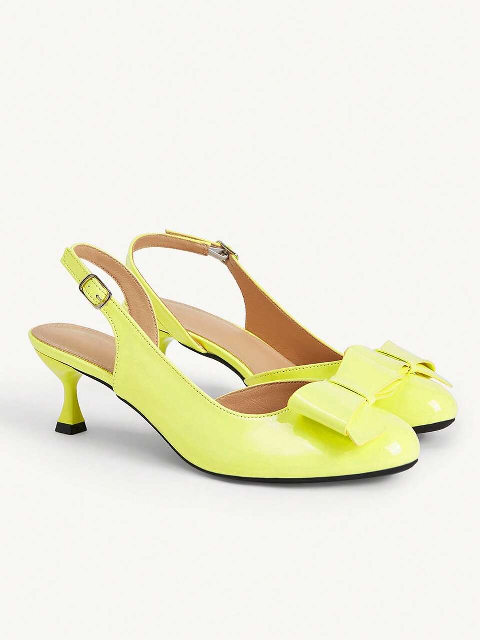 CUCCOO CHICEST Spring/Summer Bow Buckle Design Round Toe Stiletto Heel Sweet Style Patent Leather Yellow Backless Mary Jane Shoes For Daily Commute