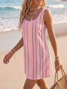 EMERY ROSE Women's Striped Round Neck Casual Sleeveless Mini Dress - Multicolor - View 7