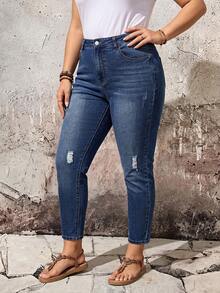 EMERY ROSE Plus Size Skinny Washed Distressed Denim Jeans - Medium Wash - View 8