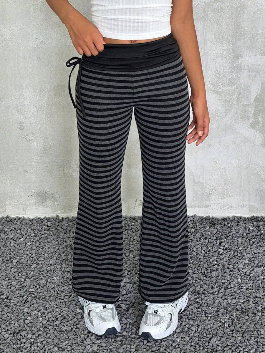 Tween Girls Summer Vintage Black Street-Style Vintage Side Drawstring Striped Flared Pants Bell - Grey - View 1